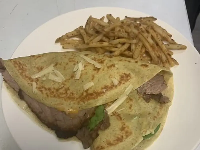 Real shop photo of roast beef crêpes