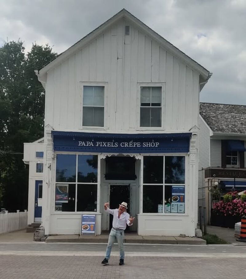 Papa Pixel's Crepe Shop at 182 Main St Unionville, white heritage building with a navy PAPA PIXELS CRÉPE SHOP awning